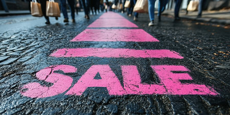 A close-up of a pink Sale inscription on the asphalt against a background of blurred people with colorful bags. The concept of discounts and sales.の素材