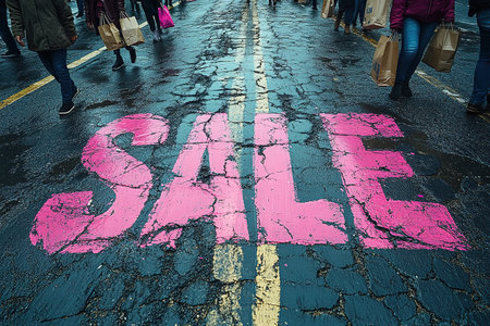 A close-up of a pink Sale inscription on the asphalt against a background of blurred people with colorful bags. The concept of discounts and sales.の素材