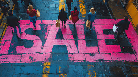 A close-up of a pink Sale inscription on the asphalt against a background of blurred people with colorful bags. The concept of discounts and sales.の素材