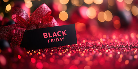 Photo of hanging black price tag on isolated red background with text black Friday.の素材