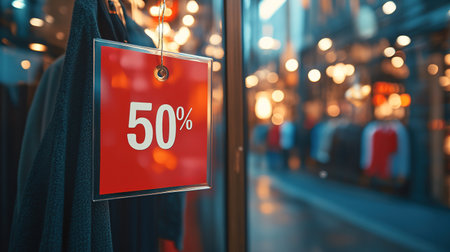 Product discount sale 50 labels on the shelves in the mall, sale label.の素材