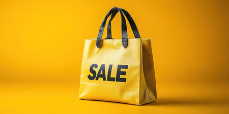 Black Friday, yellow kraft shopping bag with inscription Sale on yellow background. Black friday sale, discount, recycling, shopping and ecology concept. With copy space.の素材