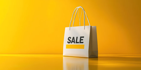 Black Friday, yellow kraft shopping bag with inscription Sale on yellow background. Black friday sale, discount, recycling, shopping and ecology concept. With copy space.の素材