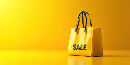 Black Friday, yellow kraft shopping bag with inscription Sale on yellow background. Black friday sale, discount, recycling, shopping and ecology concept. With copy space.の素材