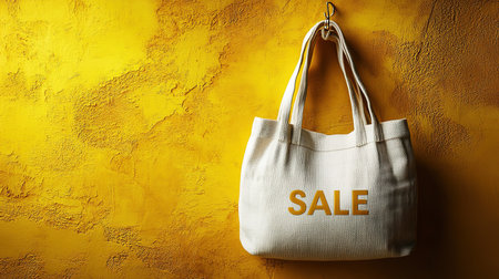 Black Friday, yellow kraft shopping bag with inscription Sale on yellow background. Black friday sale, discount, recycling, shopping and ecology concept. With copy space.の素材
