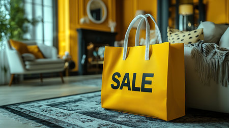 Black Friday, yellow kraft shopping bag with inscription Sale on yellow background. Black friday sale, discount, recycling, shopping and ecology concept. With copy space.の素材