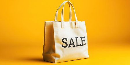 Black Friday, yellow kraft shopping bag with inscription Sale on yellow background. Black friday sale, discount, recycling, shopping and ecology concept. With copy space.の素材