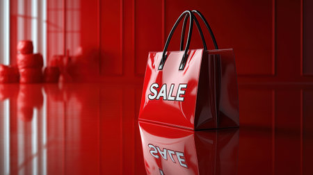 Black Friday, red kraft shopping bag with inscription Sale on red background. Black friday sale, discount, recycling, shopping and ecology concept. With copy space.の素材