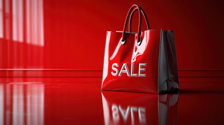 Black Friday, red kraft shopping bag with inscription Sale on red background. Black friday sale, discount, recycling, shopping and ecology concept. With copy space.の素材