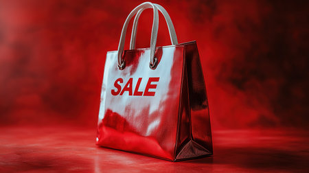 Black Friday, red kraft shopping bag with inscription Sale on red background. Black friday sale, discount, recycling, shopping and ecology concept. With copy space.の素材