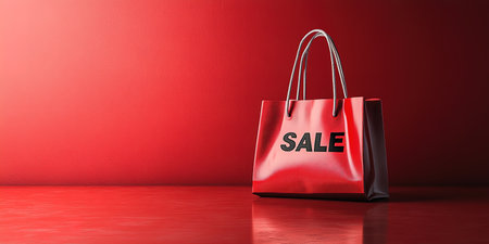 Black Friday, red kraft shopping bag with inscription Sale on red background. Black friday sale, discount, recycling, shopping and ecology concept. With copy space.の素材