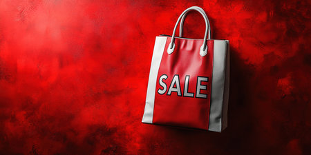 Black Friday, red kraft shopping bag with inscription Sale on red background. Black friday sale, discount, recycling, shopping and ecology concept. With copy space.の素材