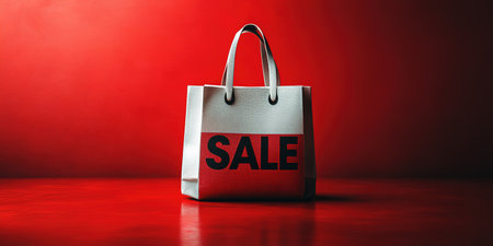 Black Friday, red kraft shopping bag with inscription Sale on red background. Black friday sale, discount, recycling, shopping and ecology concept. With copy space.の素材