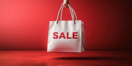 Black Friday, red kraft shopping bag with inscription Sale on red background. Black friday sale, discount, recycling, shopping and ecology concept. With copy space.の素材