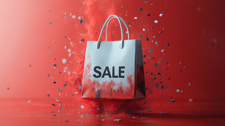 Black Friday, red kraft shopping bag with inscription Sale on red background. Black friday sale, discount, recycling, shopping and ecology concept. With copy space.の素材