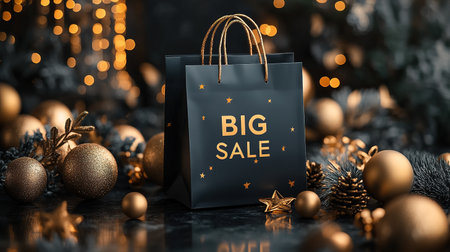 Black Friday, black and gold kraft shopping bag with inscription Big Sale on dark background. Black friday sale, discount, recycling, shopping and ecology concept. With copy space.の素材