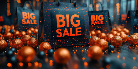 Black Friday, black and gold kraft shopping bag with inscription Big Sale on dark background. Black friday sale, discount, recycling, shopping and ecology concept. With copy space.の素材