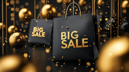 Black Friday, black and gold kraft shopping bag with inscription Big Sale on dark background. Black friday sale, discount, recycling, shopping and ecology concept. With copy space.の素材