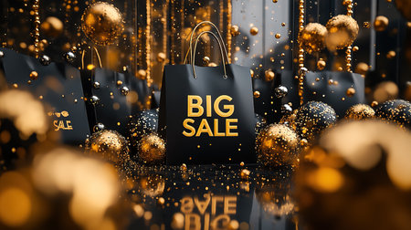 Black Friday, black and gold kraft shopping bag with inscription Big Sale on dark background. Black friday sale, discount, recycling, shopping and ecology concept. With copy space.の素材