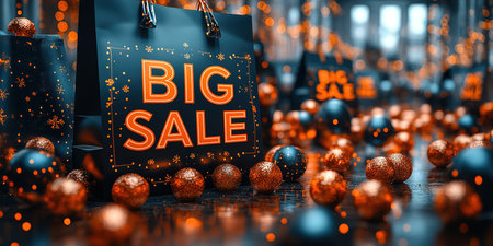 Black Friday, black and gold kraft shopping bag with inscription Big Sale on dark background. Black friday sale, discount, recycling, shopping and ecology concept. With copy space.の素材