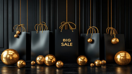 Black Friday, black and gold kraft shopping bag with inscription Big Sale on dark background. Black friday sale, discount, recycling, shopping and ecology concept. With copy space.の素材