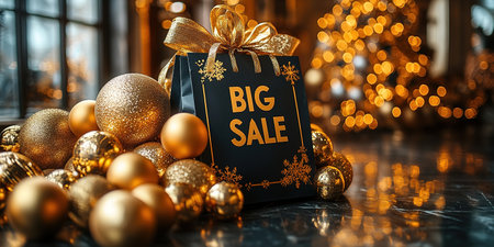 Black Friday, black and gold kraft shopping bag with inscription Big Sale on dark background. Black friday sale, discount, recycling, shopping and ecology concept. With copy space.の素材