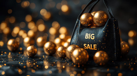 Black Friday, black and gold kraft shopping bag with inscription Big Sale on dark background. Black friday sale, discount, recycling, shopping and ecology concept. With copy space.の素材