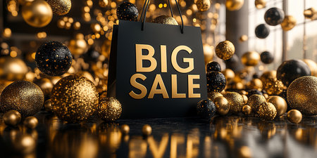 Black Friday, black and gold kraft shopping bag with inscription Big Sale on dark background. Black friday sale, discount, recycling, shopping and ecology concept. With copy space.の素材