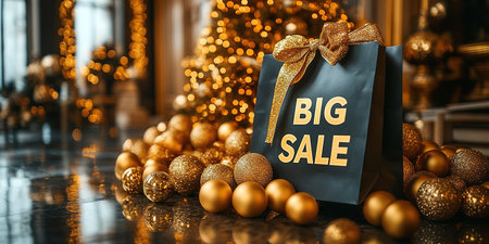 Black Friday, black and gold kraft shopping bag with inscription Big Sale on dark background. Black friday sale, discount, recycling, shopping and ecology concept. With copy space.の素材