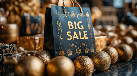 Black Friday, black and gold kraft shopping bag with inscription Big Sale on dark background. Black friday sale, discount, recycling, shopping and ecology concept. With copy space.の素材