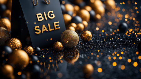 Black Friday, black and gold kraft shopping bag with inscription Big Sale on dark background. Black friday sale, discount, recycling, shopping and ecology concept. With copy space.の素材