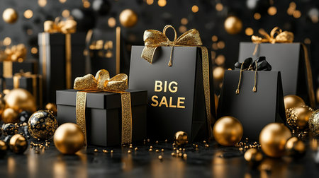 Black Friday, black and gold kraft shopping bag with inscription Big Sale on dark background. Black friday sale, discount, recycling, shopping and ecology concept. With copy space.の素材