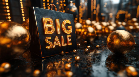 Black Friday, black and gold kraft shopping bag with inscription Big Sale on dark background. Black friday sale, discount, recycling, shopping and ecology concept. With copy space.の素材