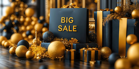 Black Friday, black and gold kraft shopping bag with inscription Big Sale on dark background. Black friday sale, discount, recycling, shopping and ecology concept. With copy space.の素材