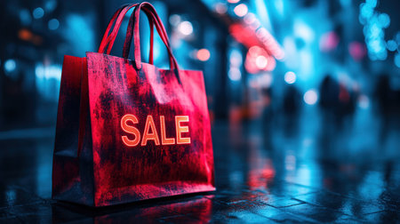 Hot sale. Red shopping bags in air on blue gradient background, space for text. Black Friday, red kraft shopping bag with inscription Sale on blue background. With copy space.の素材