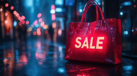 Hot sale. Red shopping bags in air on blue gradient background, space for text. Black Friday, red kraft shopping bag with inscription Sale on blue background. With copy space.の素材
