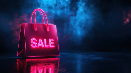Hot sale. Red shopping bags in air on blue gradient background, space for text. Black Friday, red kraft shopping bag with inscription Sale on blue background. With copy space.の素材