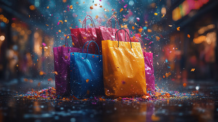 Hot sale. multi-colored shopping bags in air on blue gradient background, space for text. Black Friday, multi-colored kraft shopping bag on blue background. With copy space.の素材