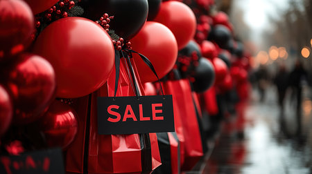 Black Friday, red kraft shopping bag with inscription Sale on red background. Black friday sale, discount, recycling, shopping and ecology concept. With copy space.の素材