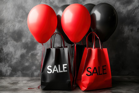 Black Friday, red kraft shopping bag with inscription Sale on red background. Black friday sale, discount, recycling, shopping and ecology concept. With copy space.の素材