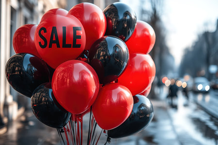 Black Friday, red kraft shopping bag with inscription Sale on red background. Black friday sale, discount, recycling, shopping and ecology concept. With copy space.の素材