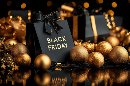 Black Friday, black and gold kraft shopping bag with inscription Black Friday on dark background. Black friday sale, discount, recycling, shopping and ecology concept. With copy space.の素材