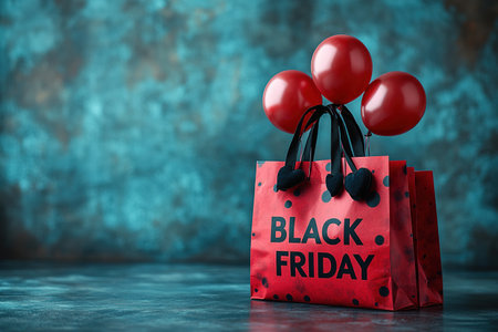 Black Friday, red kraft shopping bag with inscription Black Friday on red background. Black friday sale, discount, recycling, shopping and ecology concept. With copy space.の素材