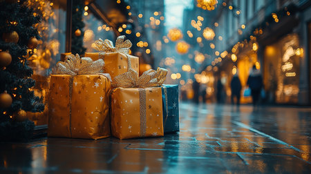 Top view of black Christmas boxes with red ribbon on black background with copy space for text. black Friday and Boxing Day composition.の素材