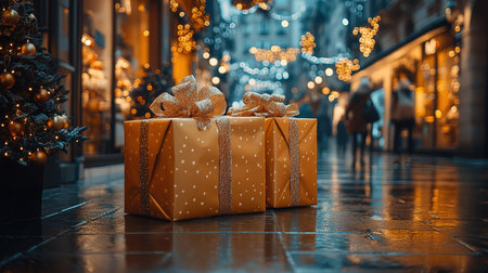 Top view of black Christmas boxes with red ribbon on black background with copy space for text. black Friday and Boxing Day composition.の素材