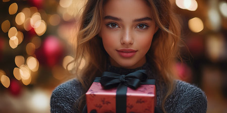 Portrait of a young, attractive lady holding a gift box in front of her while grinning with joy to mark the holiday, ring in the new year, or give a present on Christmas Eve.の素材