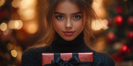 Portrait of a young, attractive lady holding a gift box in front of her while grinning with joy to mark the holiday, ring in the new year, or give a present on Christmas Eve.の素材