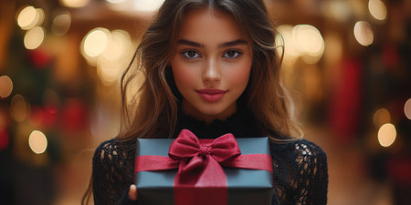 Portrait of a young, attractive lady holding a gift box in front of her while grinning with joy to mark the holiday, ring in the new year, or give a present on Christmas Eve.の素材