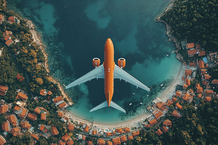 Airplane fly above beautiful nature landscape island, Tourism destination, Background for banner summer holiday vacation travel trip.の素材