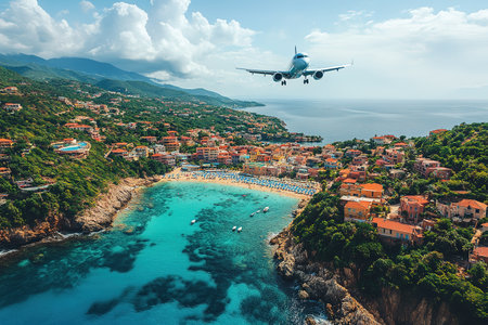 Airplane fly above beautiful nature landscape island, Tourism destination, Background for banner summer holiday vacation travel trip.の素材